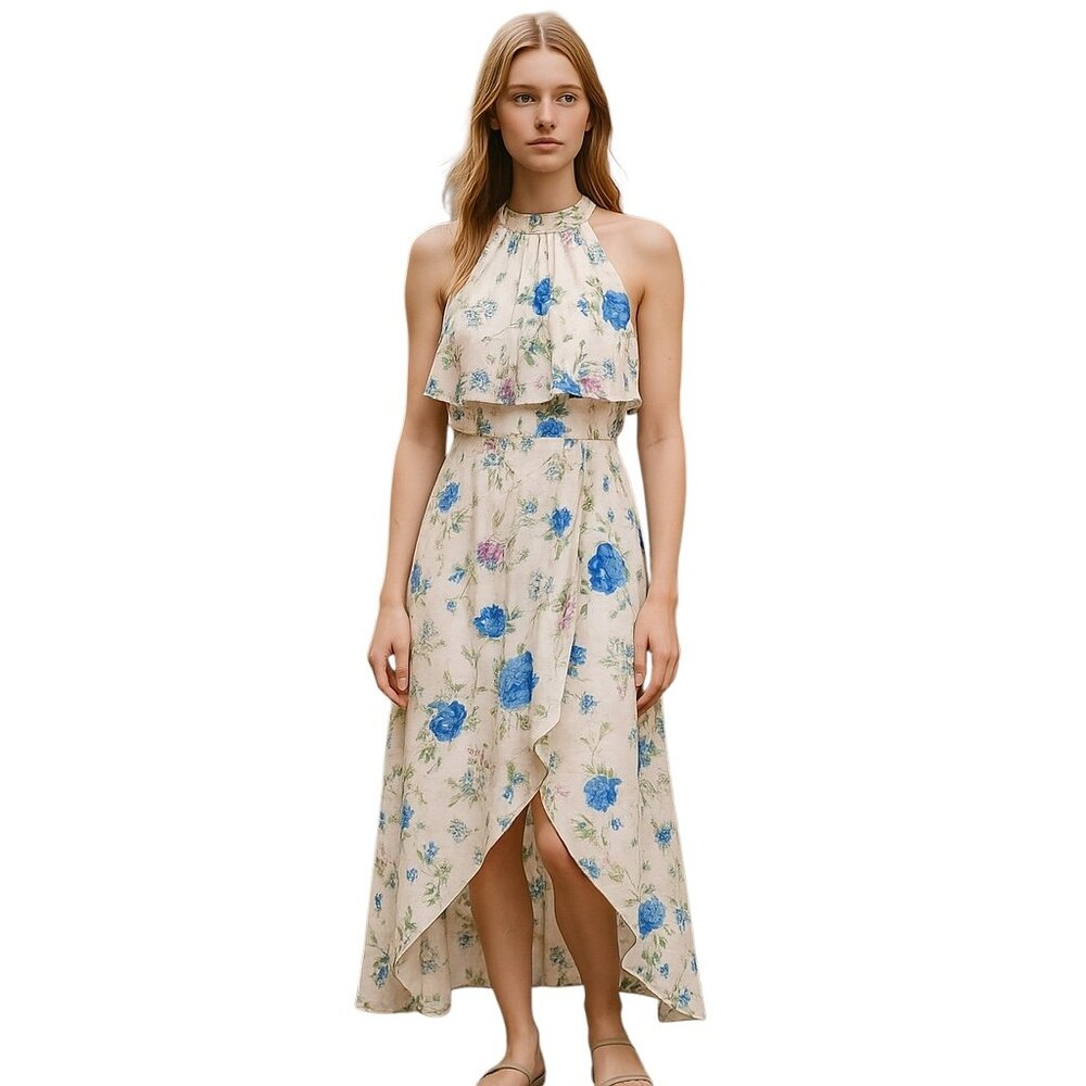 2Bella Floral Print Halter Maxi Dress Size M – High Low Overlay Skirt